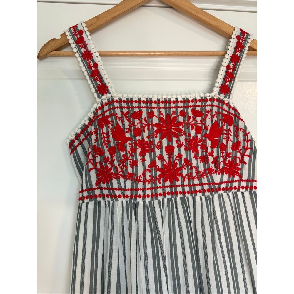 Kate Spade Broome Street Grey & White Striped With Red Embroidery Midi Dress XS - Picture 6 of 8